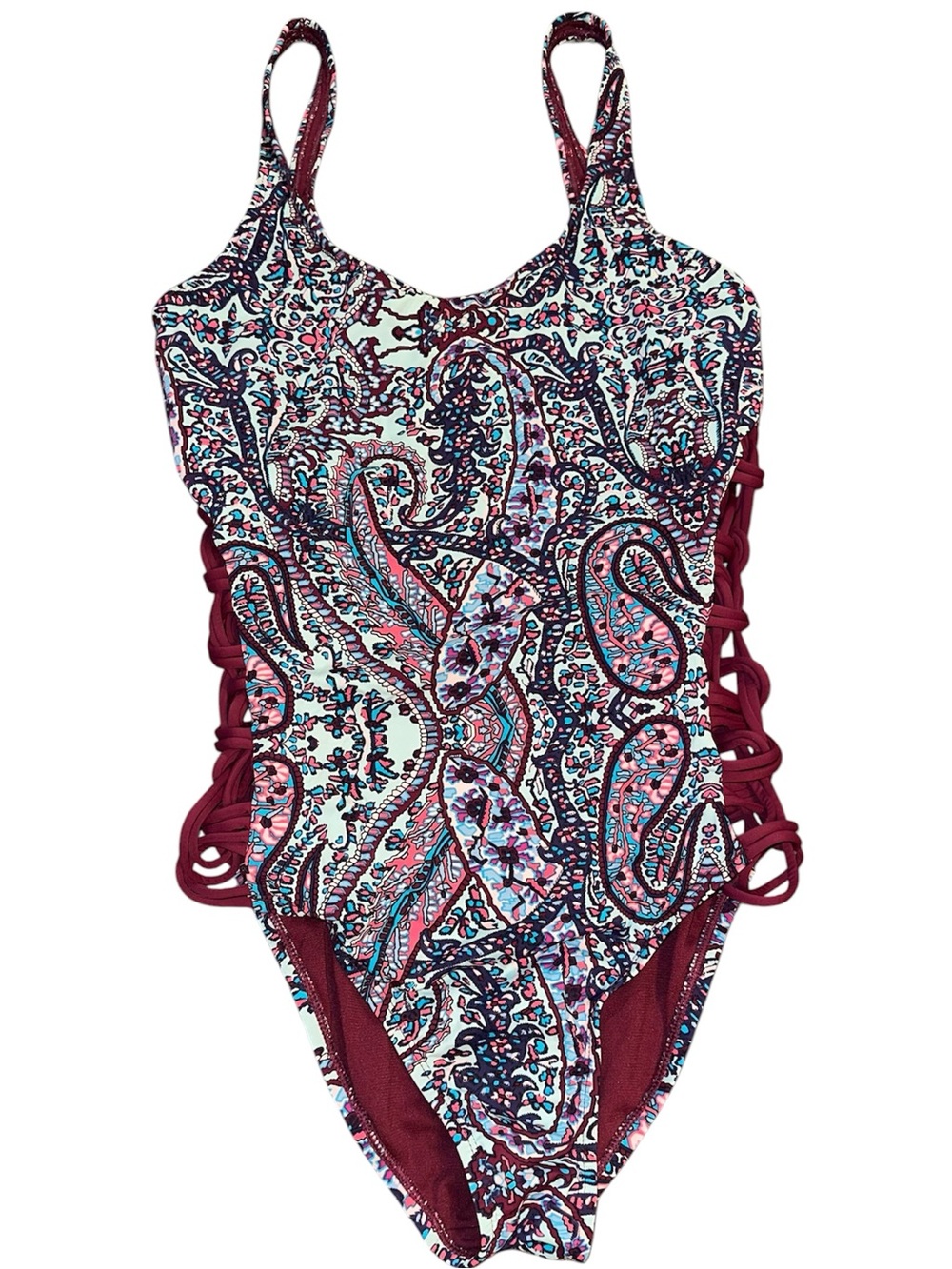 a.n.a Burgundy Paisley One-Piece Swimsuit with Side Lacing